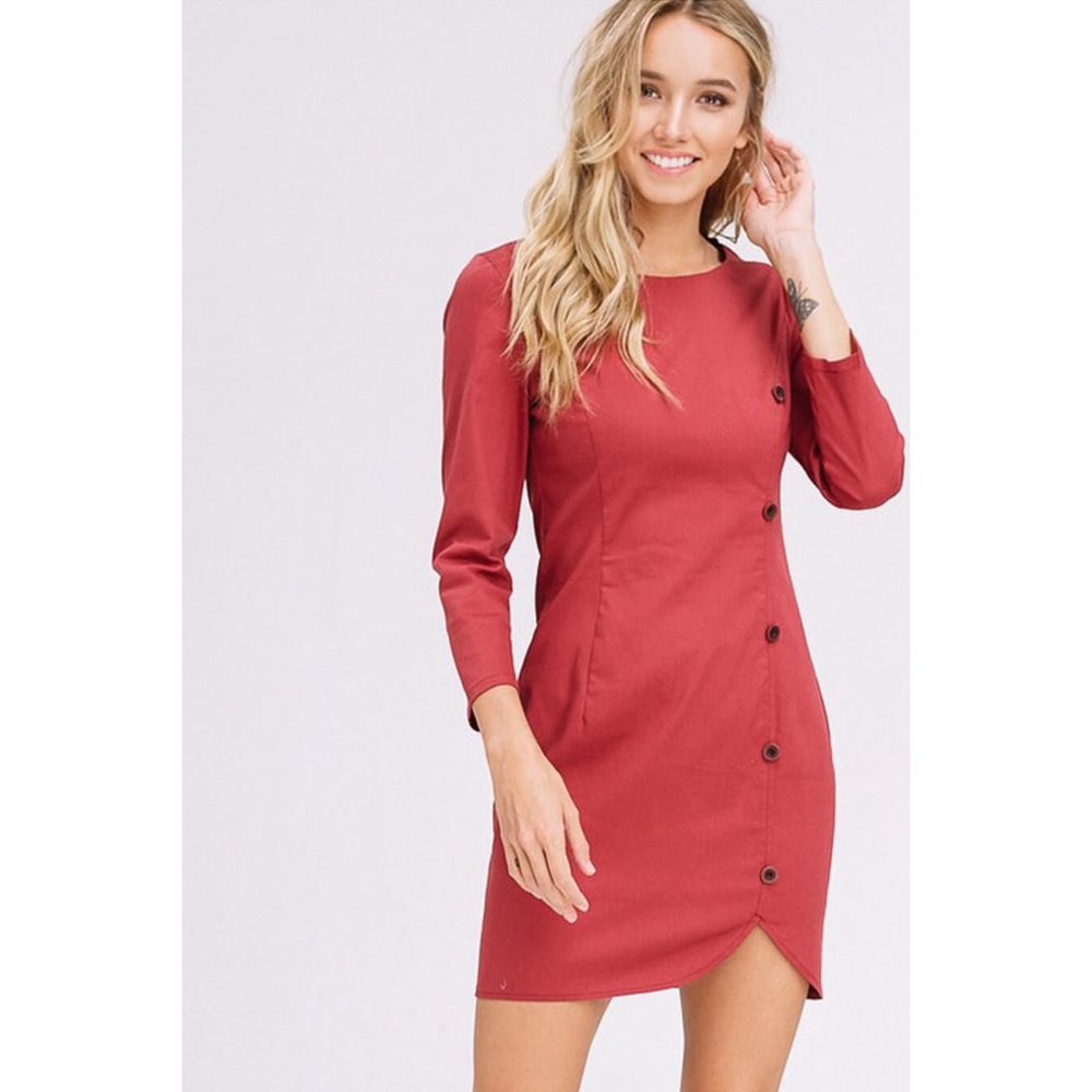 Wine Cotton Twill Mid Sleeve Dress - Picture 4 of 6